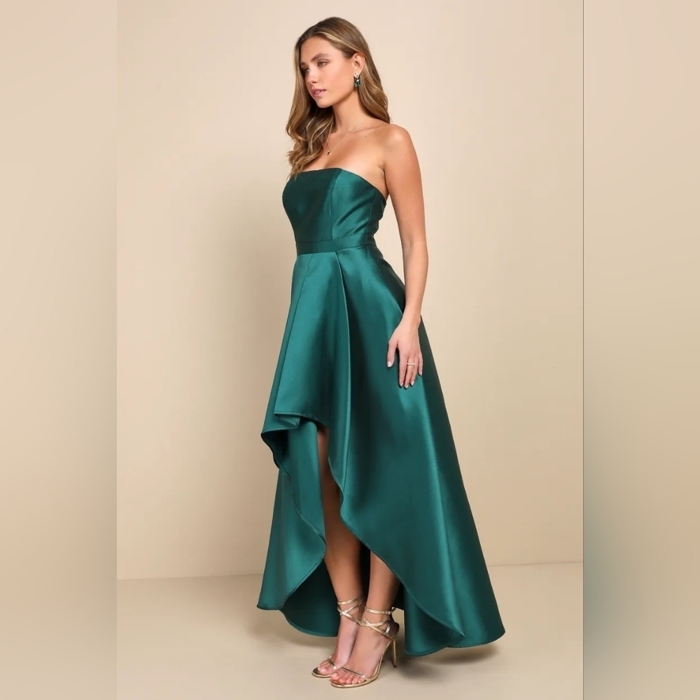 Lulus Broadway Show Emerald Green Strapless High-Low Maxi Dress S Wedding Party - Picture 3 of 9